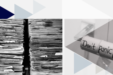 Stacks of paper files beside a "Don't panic" note, the paperwork a paperless work order system replaces