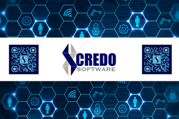 Credo Software logo with QR codes on a blue technology network background