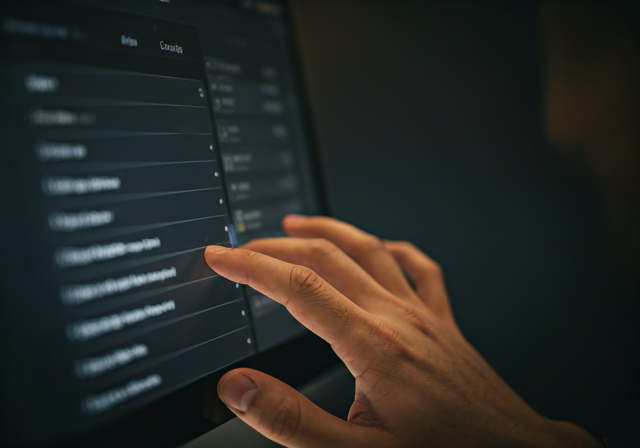 Hand selecting an item on a dark touchscreen menu